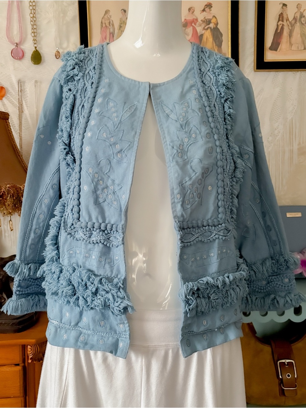 Vintage western boho girly fringe silver embroidered blue cotton jacket